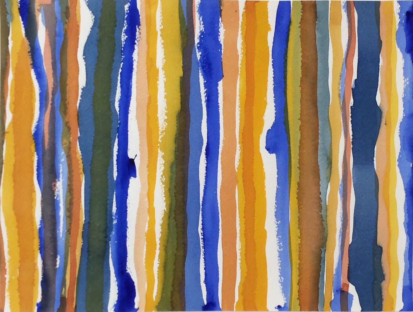 Edward Avedisian Abstract Drawing - Untitled 012 (Framed Blue and Yellow Striped Watercolor Painting c. 1960)