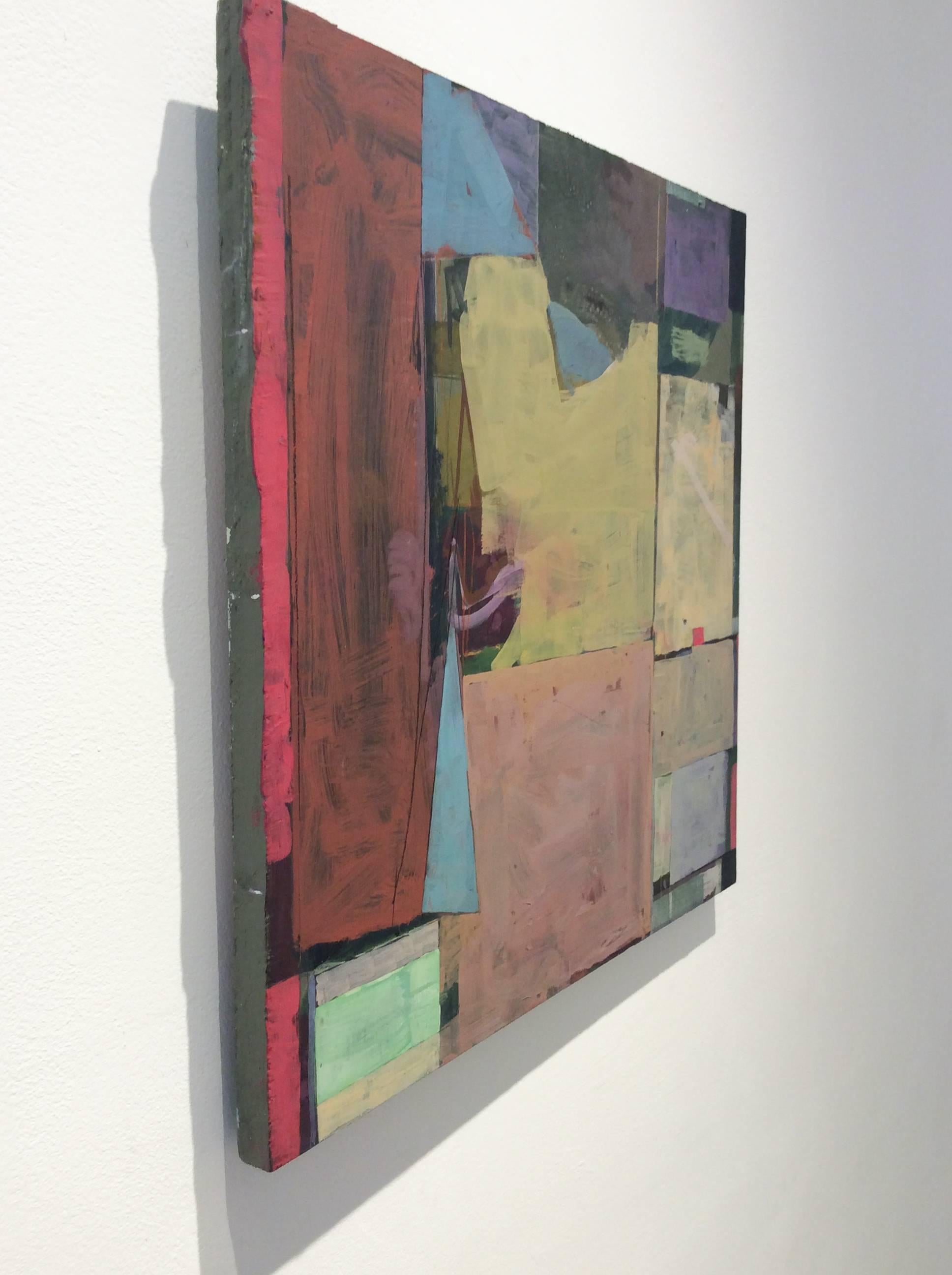 Une peinture abstraite à la gouache sur panneau de bois pêche, beige et rose - Painting de James O'Shea