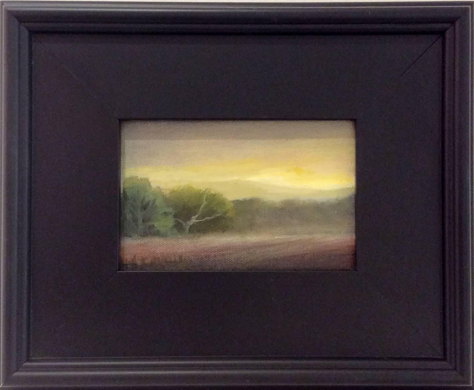 Judy Reynolds Landscape Painting - Misty Morn (Small Landscape Oil Painting of Green Country Field with Yellow Sky)