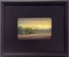 Misty Morn (Small Landscape Oil Painting of Green Country Field with Yellow Sky)