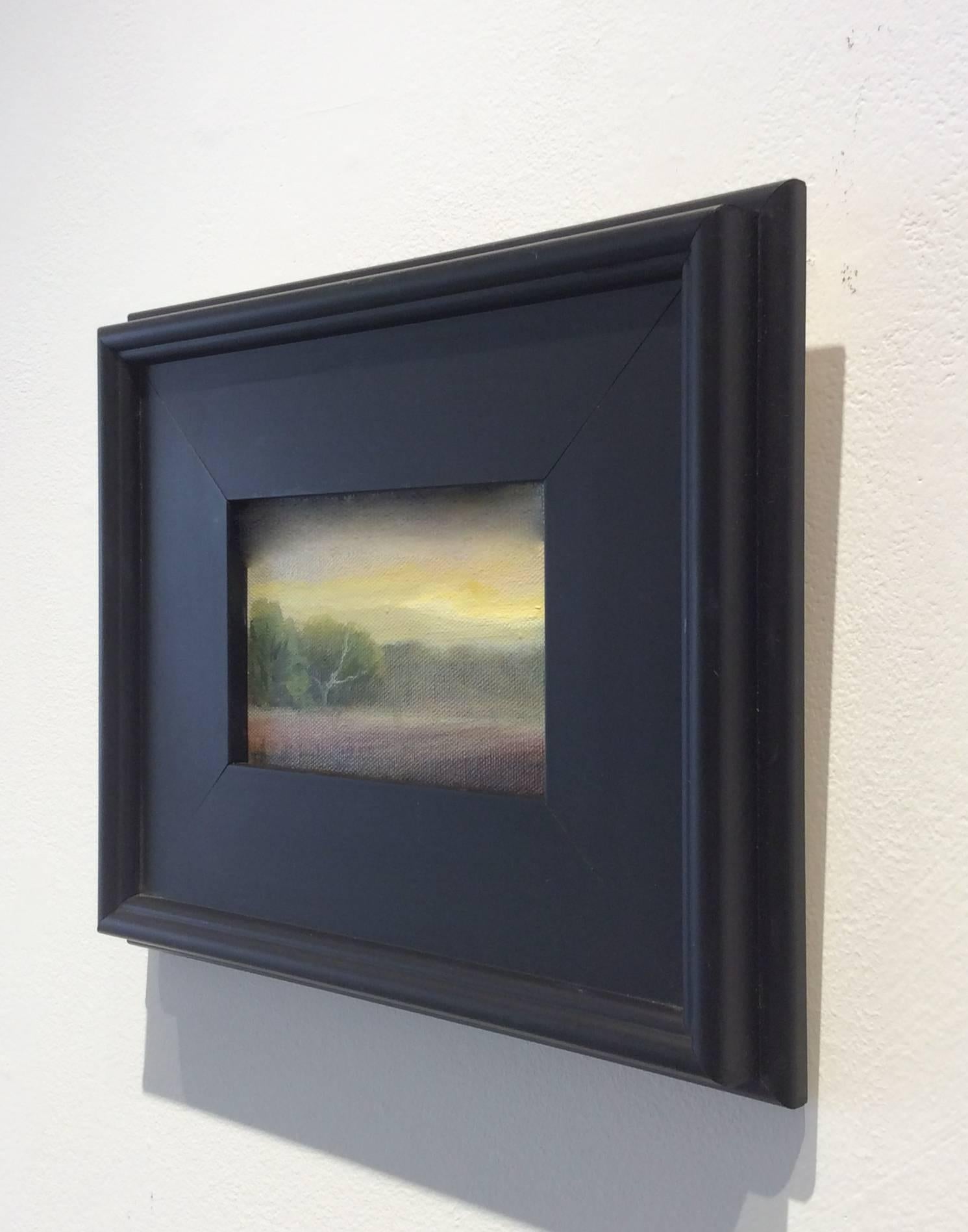 Misty Morn (Small Landscape Oil Painting of Green Country Field with Yellow Sky) - Brown Landscape Painting by Judy Reynolds