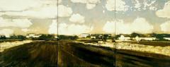 Ready for Planting (Modern, Pastoral Landscape Triptych, Oil on Wood Panel)