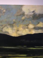 Search (Modern, Atmospheric Landscape Painting of Mountains, Blue Sky & Field)