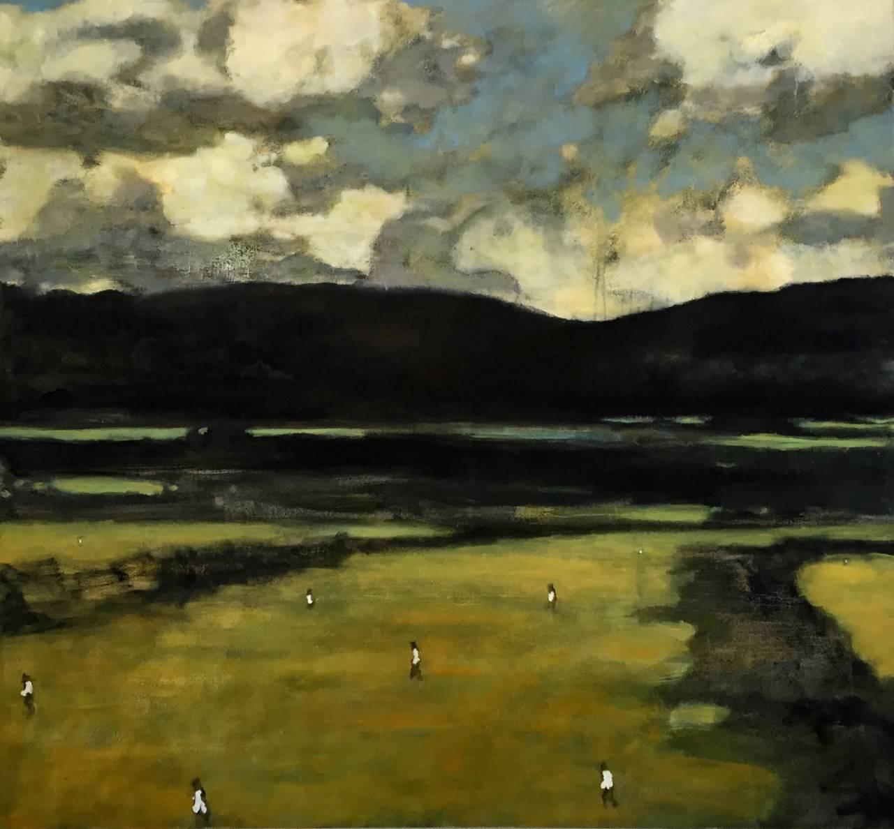 Oil on canvas
48 x 52 x 1.5 inches
This listing is available from Carrie Haddad Gallery, based in Hudson, NY.

Ivory clouds loom over the distant Catskill Mountains; meanwhile in the foreground, minuscule white figures scatter across a green