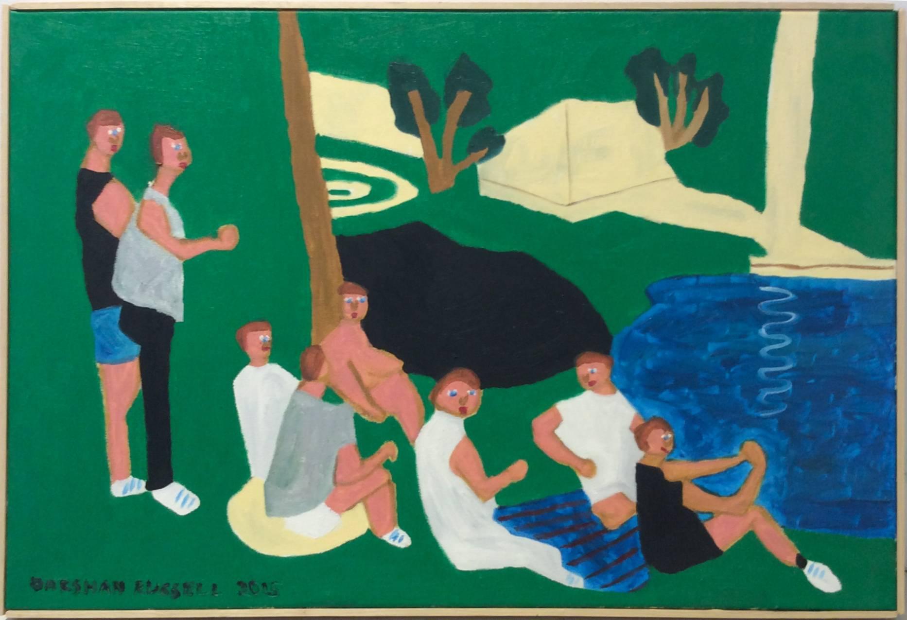 Darshan Russell Landscape Painting - Central Park (Modern, Naive Style Figurative Painting of Figures on Green Grass)