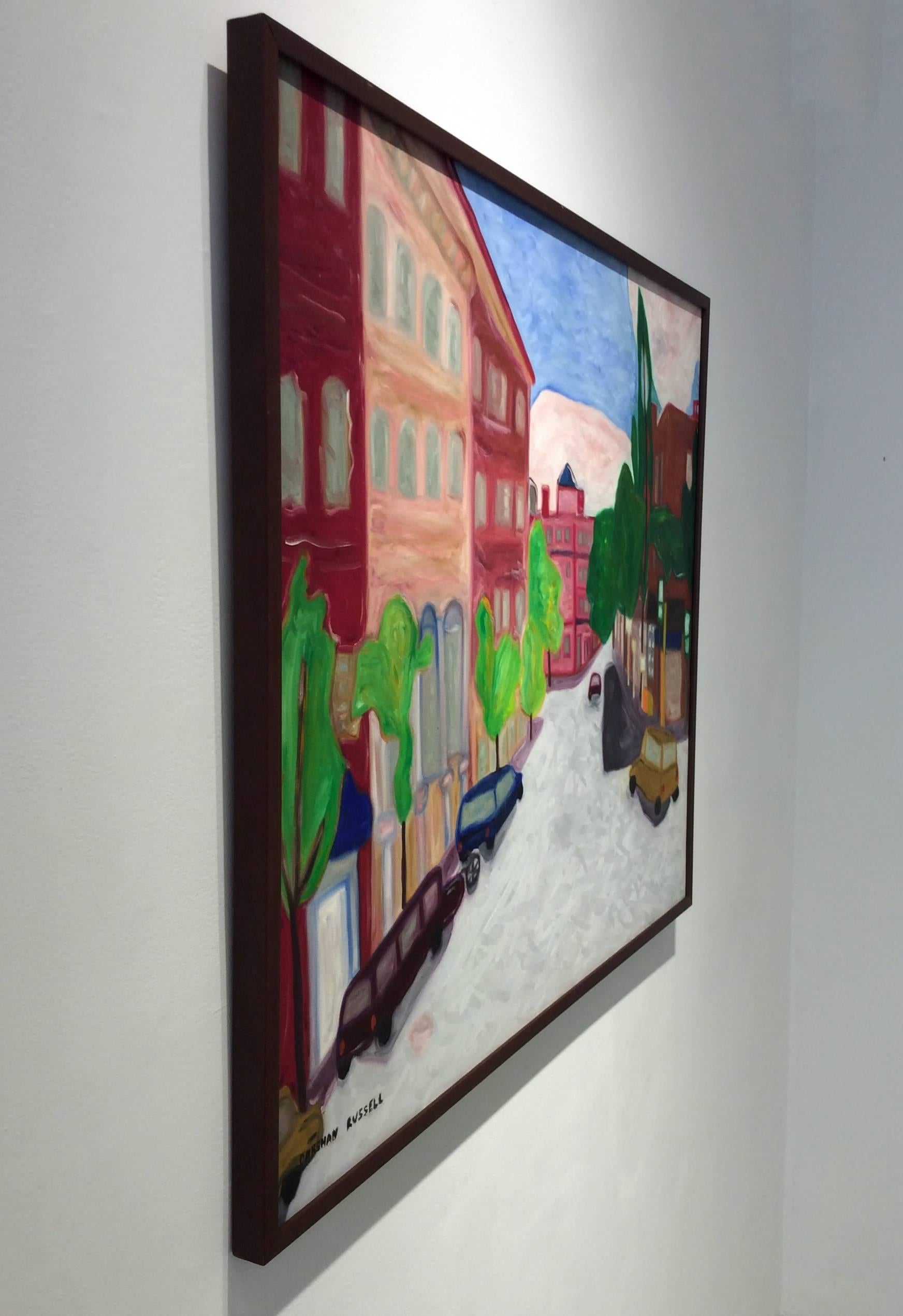 Portland, Maine: Modern, Naive Style Cityscape of Red Brick Buildings & Blue Sky - Painting by Darshan Russell