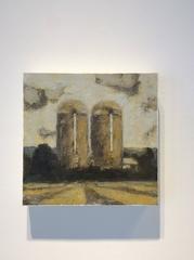 Two Silos (Modern, Landscape Painting of Country Farm in Warm Brown & Yellow)