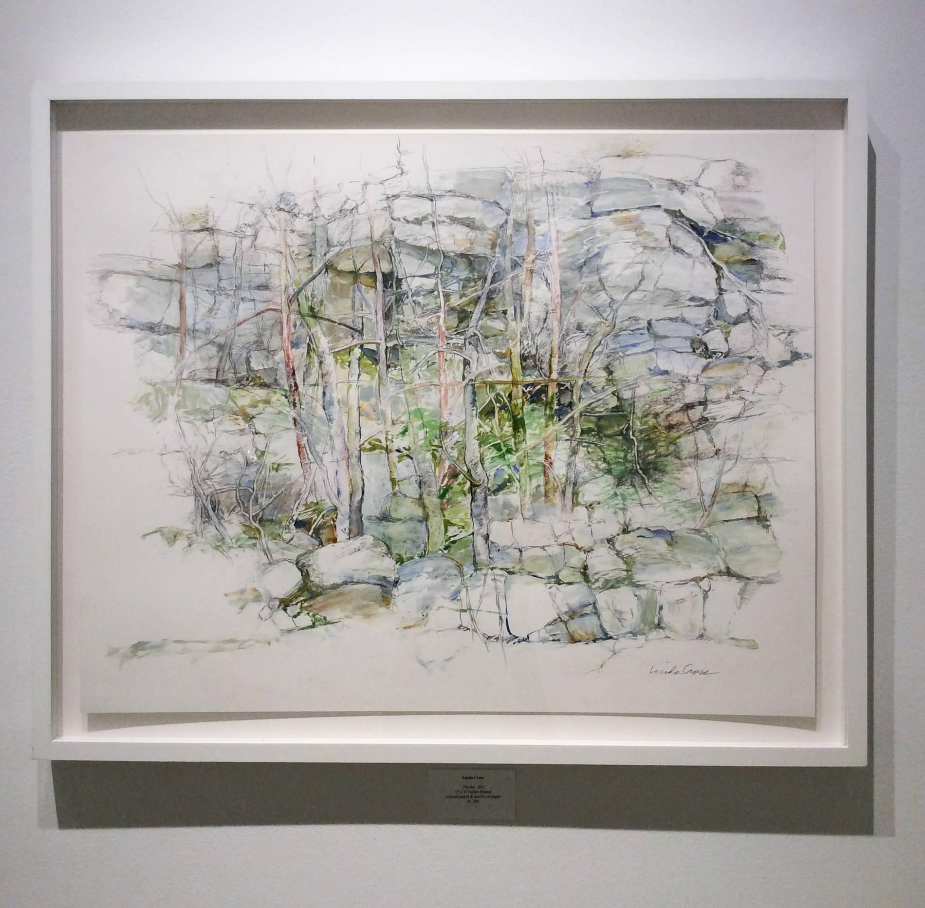 Thicket (Modern, Impressionistic Rock Landscape Drawing in Green Earth Tones) - Art by Linda Cross