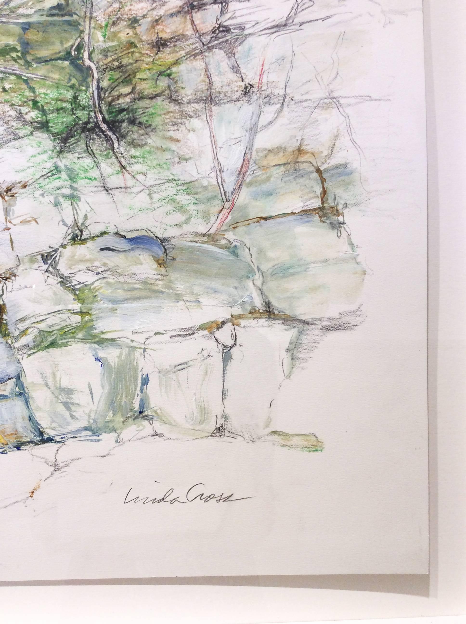 Thicket (Modern, Impressionistic Rock Landscape Drawing in Green Earth Tones) - Beige Landscape Art by Linda Cross