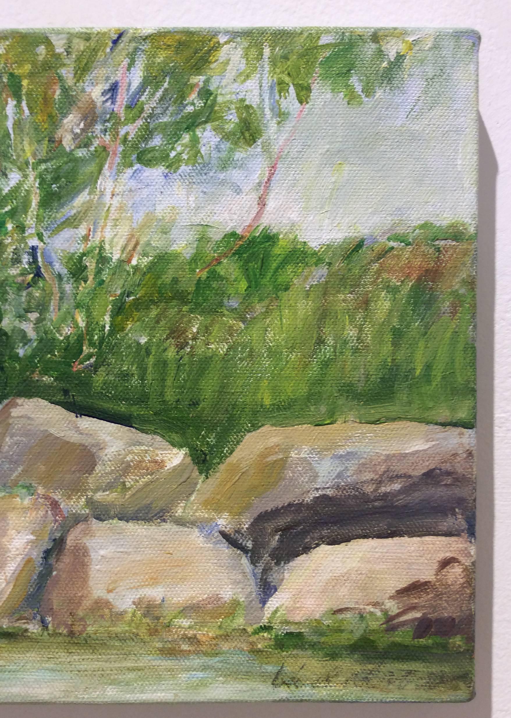 acrylic painting on canvas
8 x 10 inches

This contemporary landscape painting was made by Hudson Valley based artist, Linda Cross. The composition is largely focused on lush green trees lined with large rocks painted with gestural strokes in light
