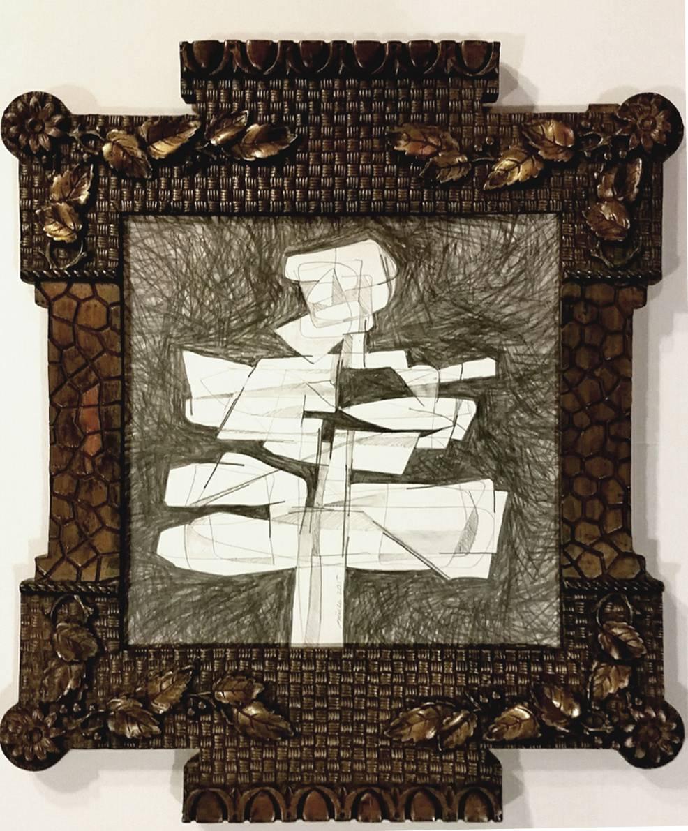 Infanta XVI (Modern, Abstract Cubist Style Drawing in Vintage Frame)