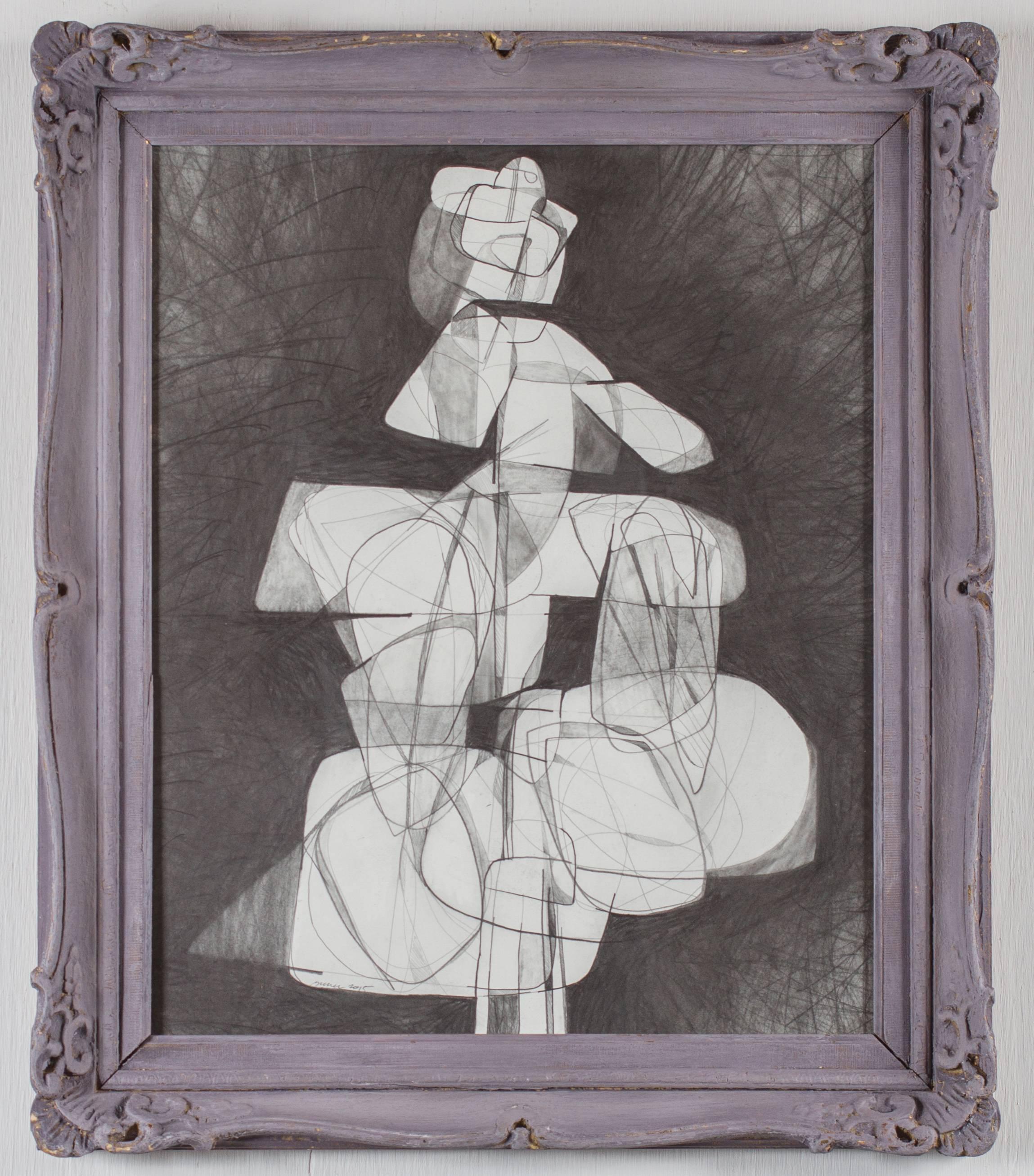 David Dew Bruner Figurative Art - Totem Infanta XVII (Abstract Cubist Style Graphite Drawing in Vintage Frame)