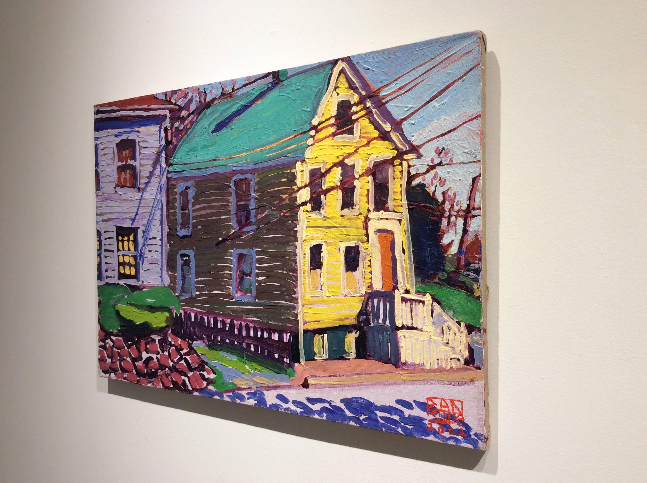 Yellow House on Bradford (Fauvist-Style Suburban Landscape Oil Painting) - Gray Landscape Painting by Dan Rupe
