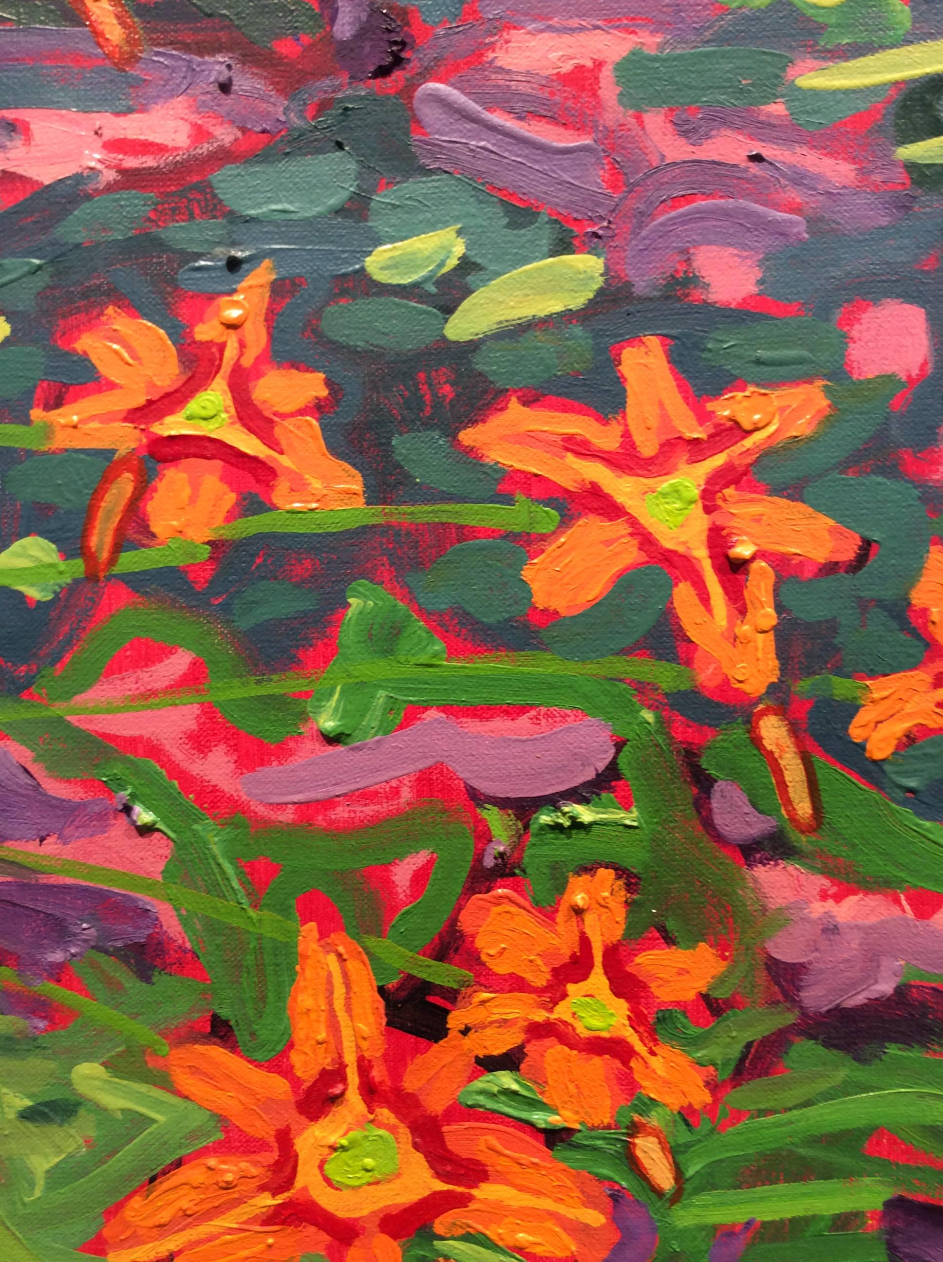 Forest Lilies (Modern Abstracted Landscape Painting of Orange Lilies on Green) 1