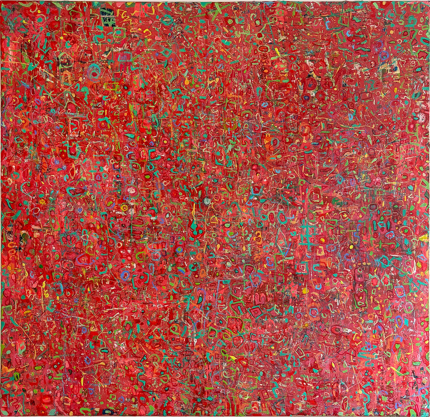 Vincent Pomilio Abstract Painting - Memory Wall #10 : Maximalist Abstract Color Field Painting in Red