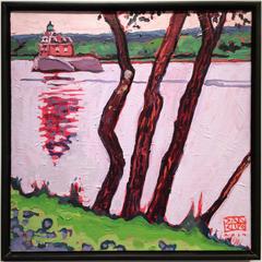 River Trees, Athens, Hudson Lighthouse (Abstract Fauvist Landscape on Canvas)