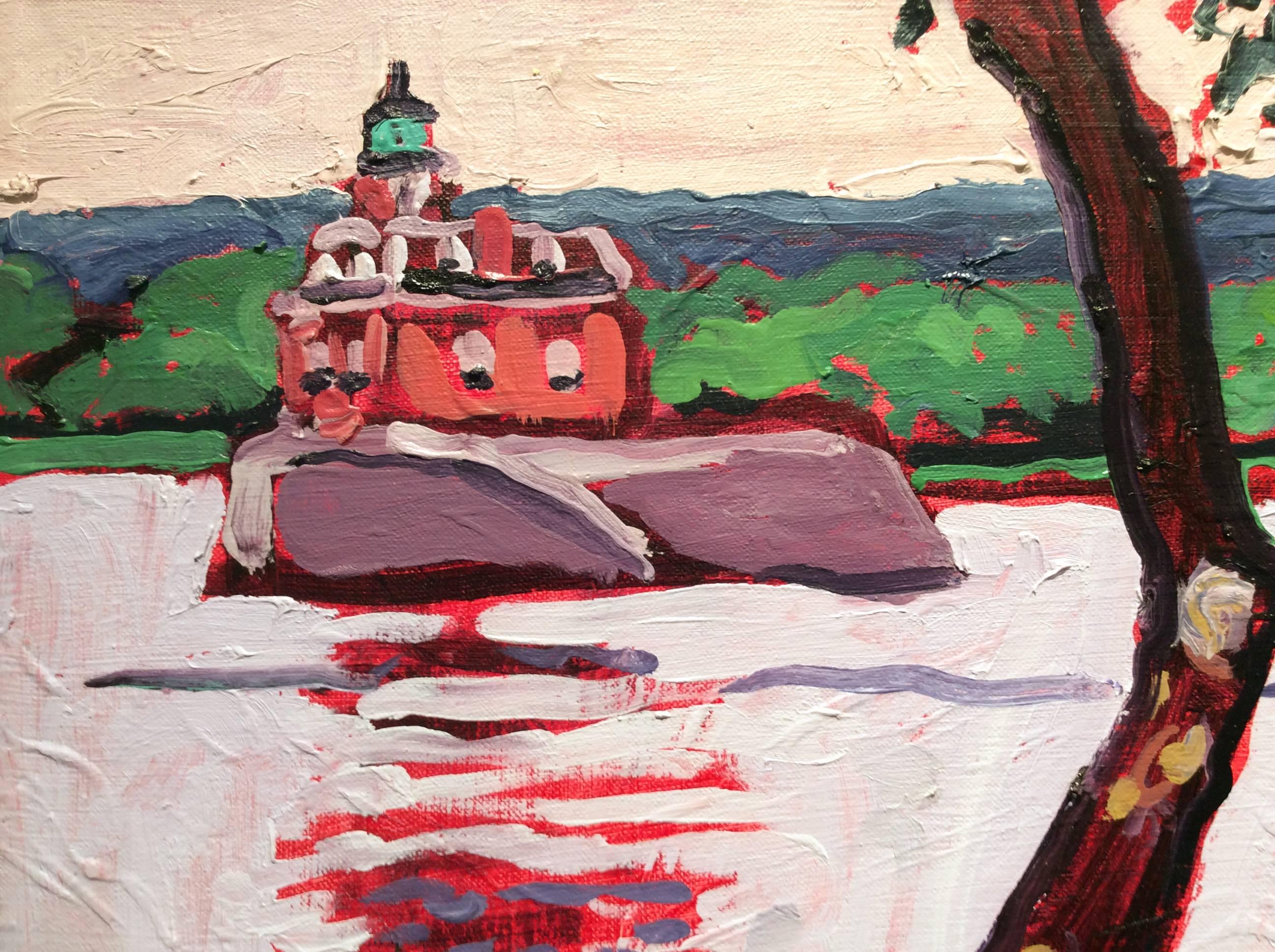 River Trees, Athens, Hudson Lighthouse (Abstract Fauvist Landscape on Canvas) - Painting by Dan Rupe