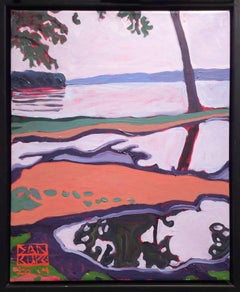 Rain Puddles, Hudson River (Modern Fauvist Style Abstracted Landscape Painting)