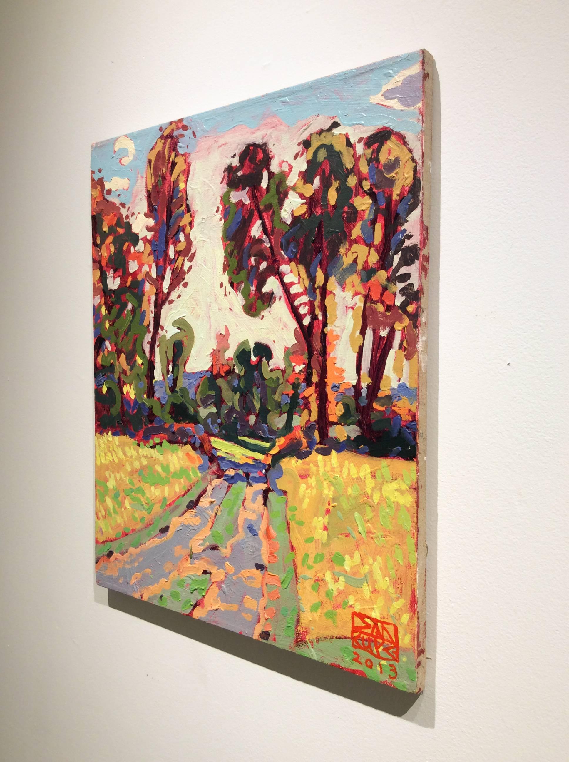 Modern, Fauvist style abstracted landscape painting on linen
Oil on linen, 22 x 18 inches
Signed on bottom right corner

This vibrant, Fauvist-style vertical landscape painting of a country road was created by Hudson, NY artist Dan Rupe. Warm ochre