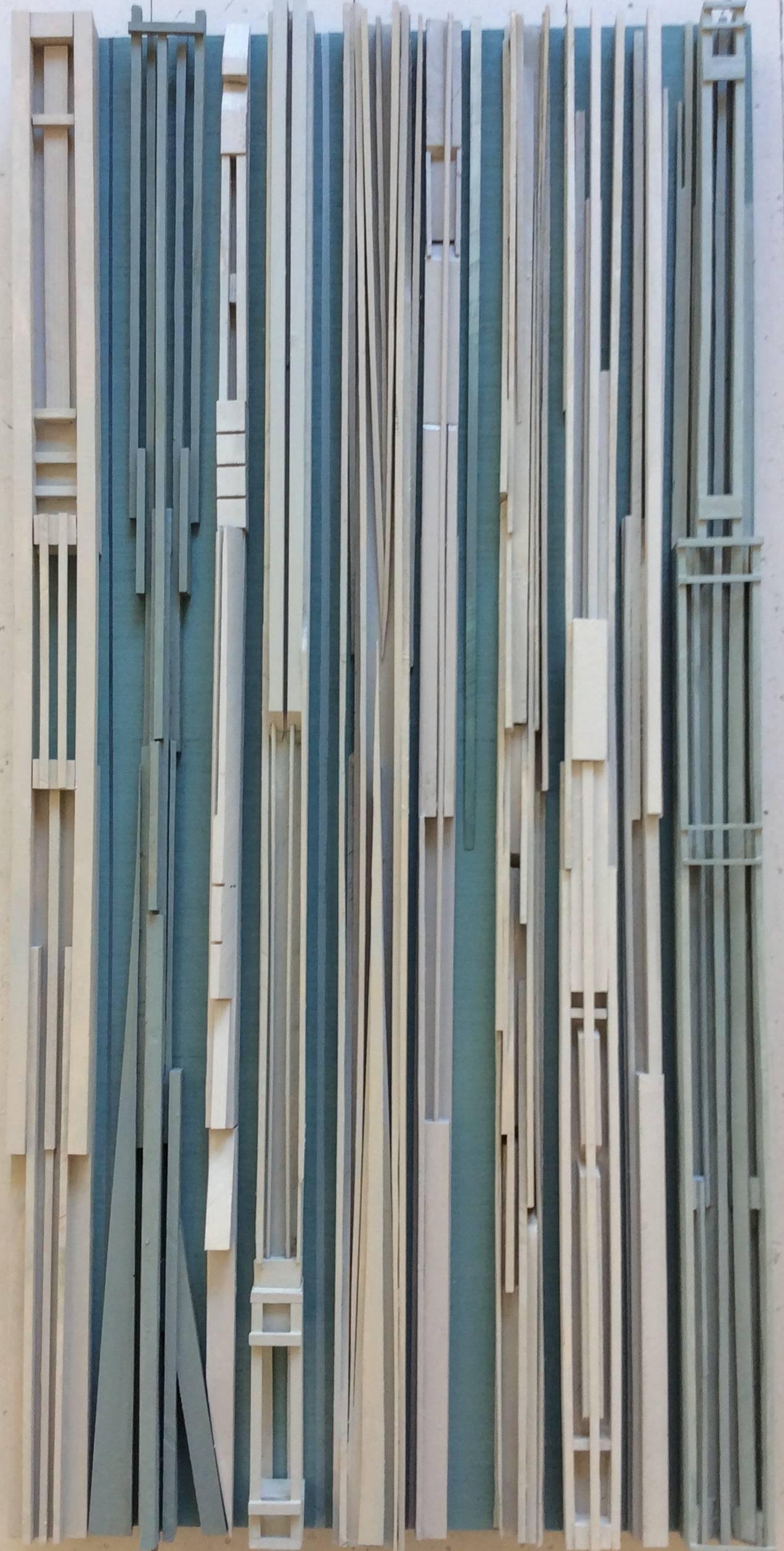 Stephen Walling Abstract Sculpture - Erectature (Modern, Abstract 3-D Wall Sculpture in Teal, Beige, & Ivory)