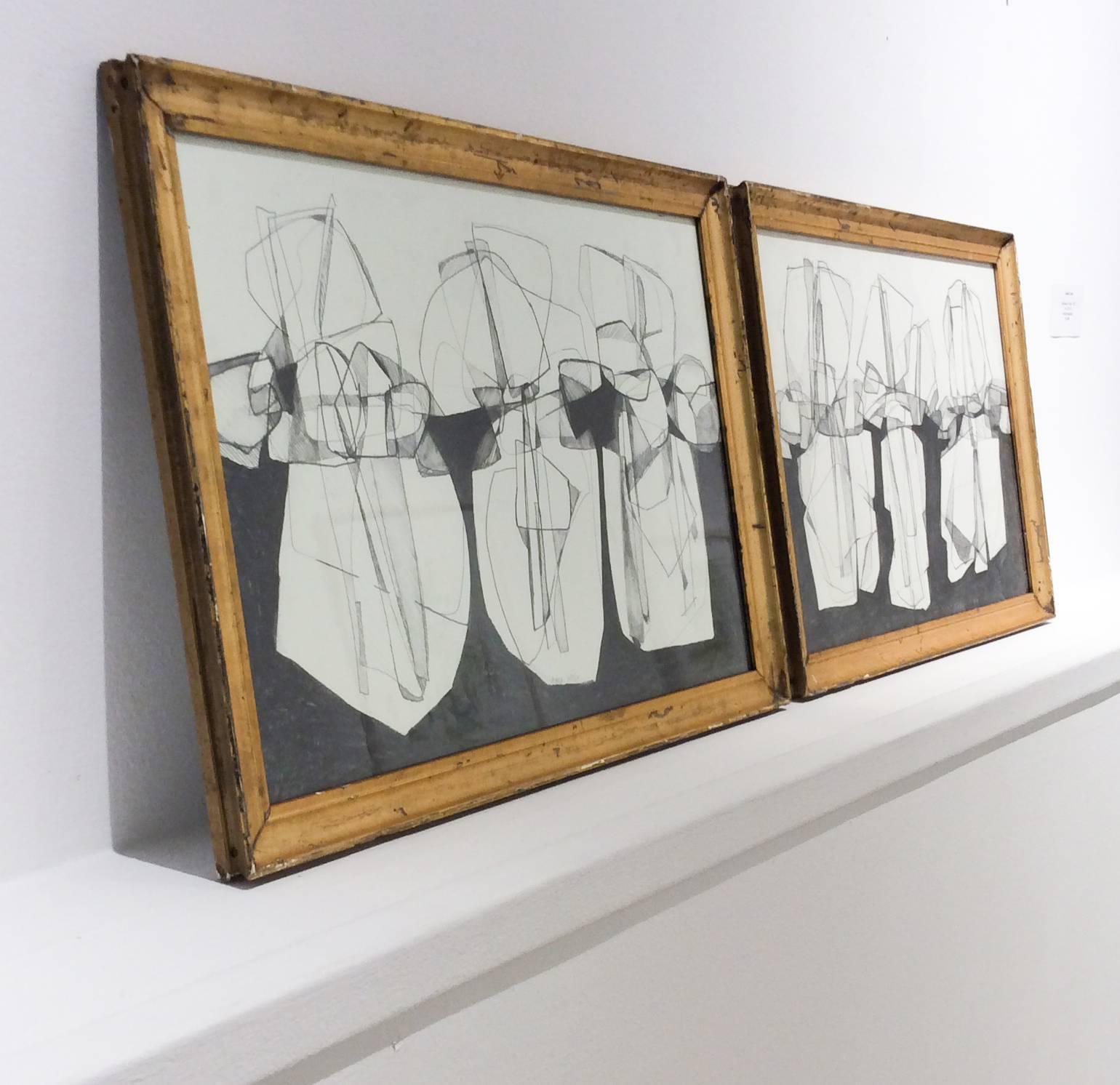 Balla Duchamp, Diptych: Black & White Abstract Drawing in Antique Gold Frames 2