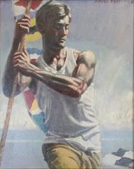 Young Man with Flag: Figurative Oil Painting of Sailor with Bright Nautical Flag