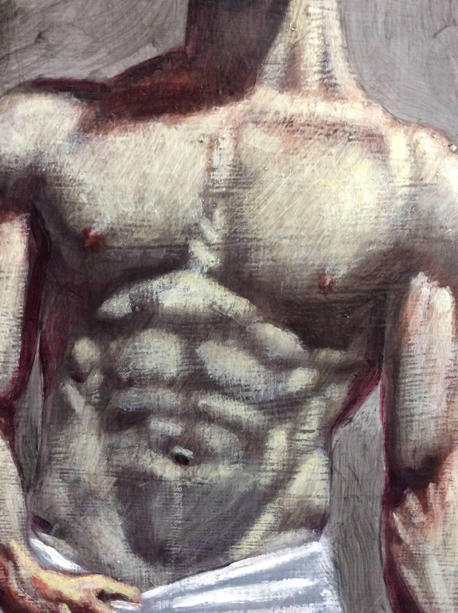 In the Locker Room (Oil Painting of Male Nude wrapped in White Towel) - Black Figurative Painting by Mark Beard
