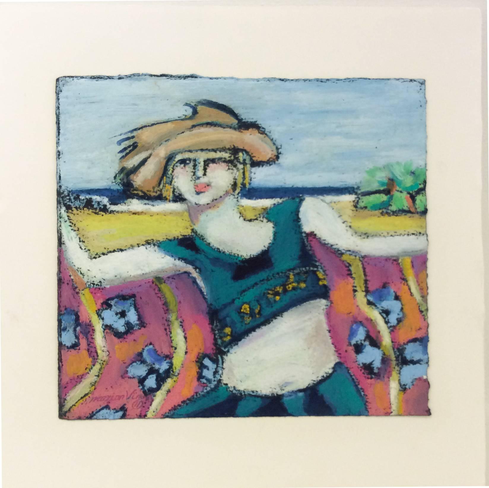 Seaside (French Nabis Expressionist Pastel Drawing of a Young Girl at the Beach) - Art by Marion Vinot