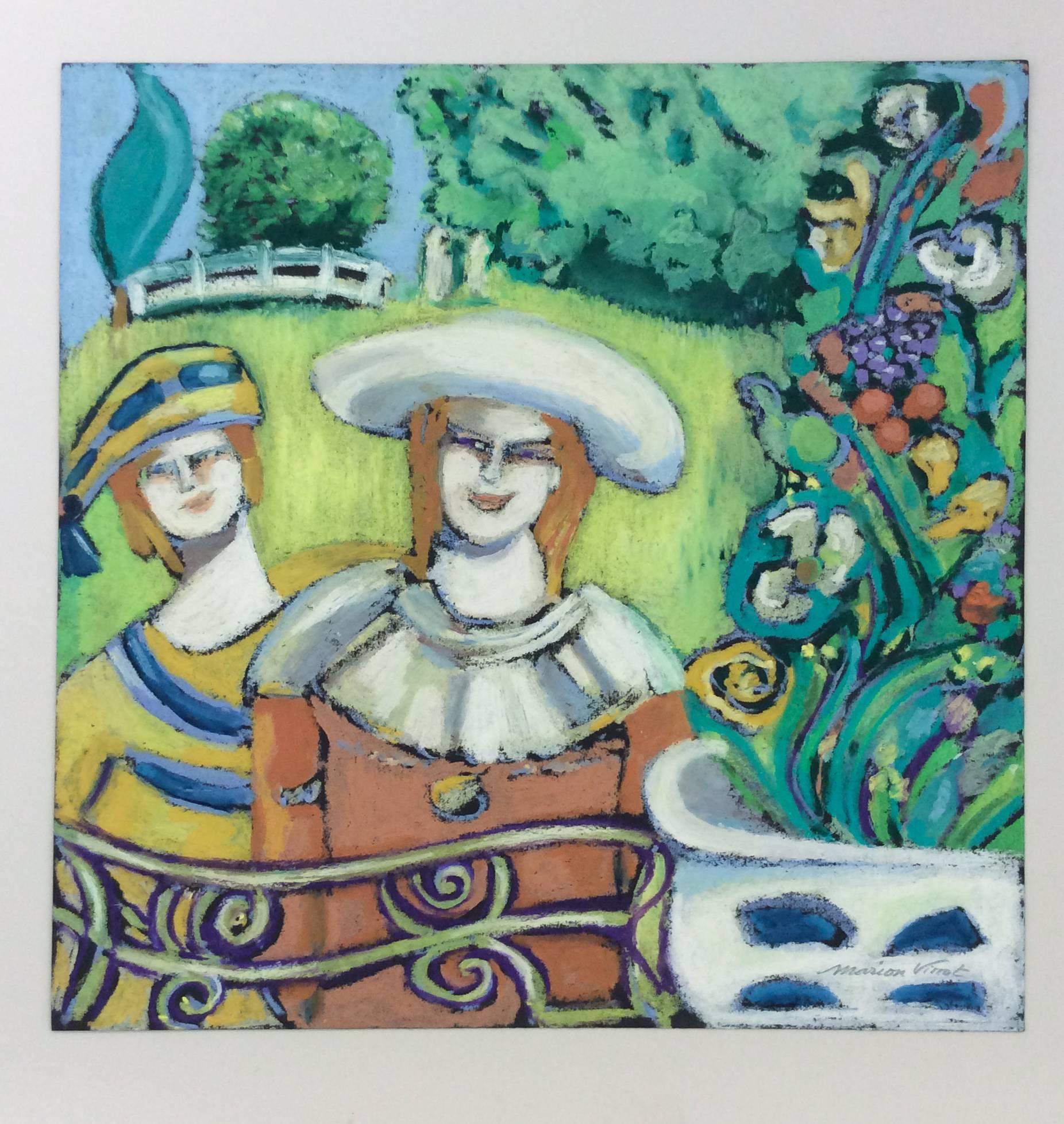 The Guests (French Nabis inspired Expressionist Figurative Oil Pastel Drawing) - Art by Marion Vinot