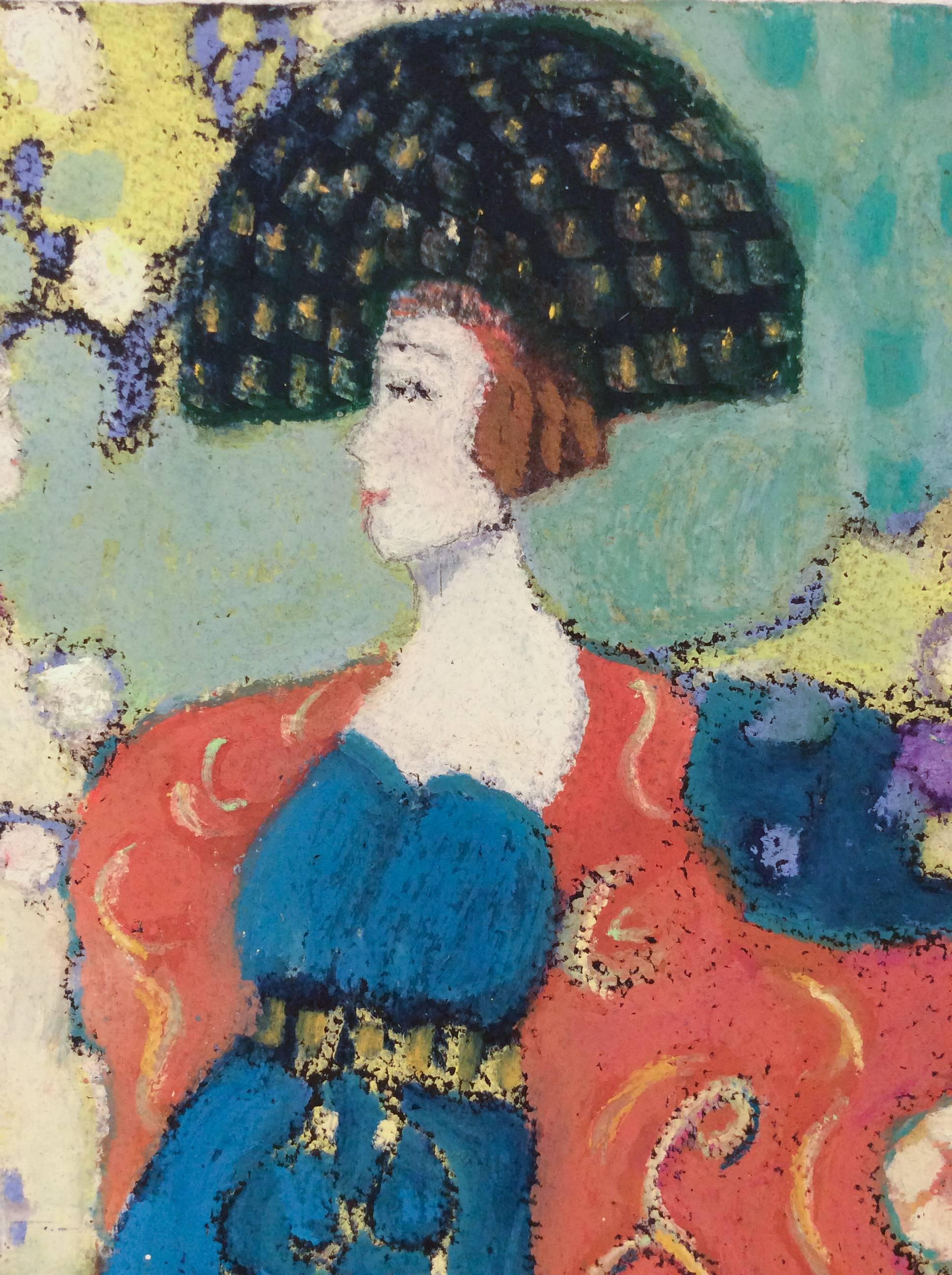 Dolls (French Nabis Inspired Oil Pastel Figurative Drawing of Woman in Gown) - Art by Marion Vinot