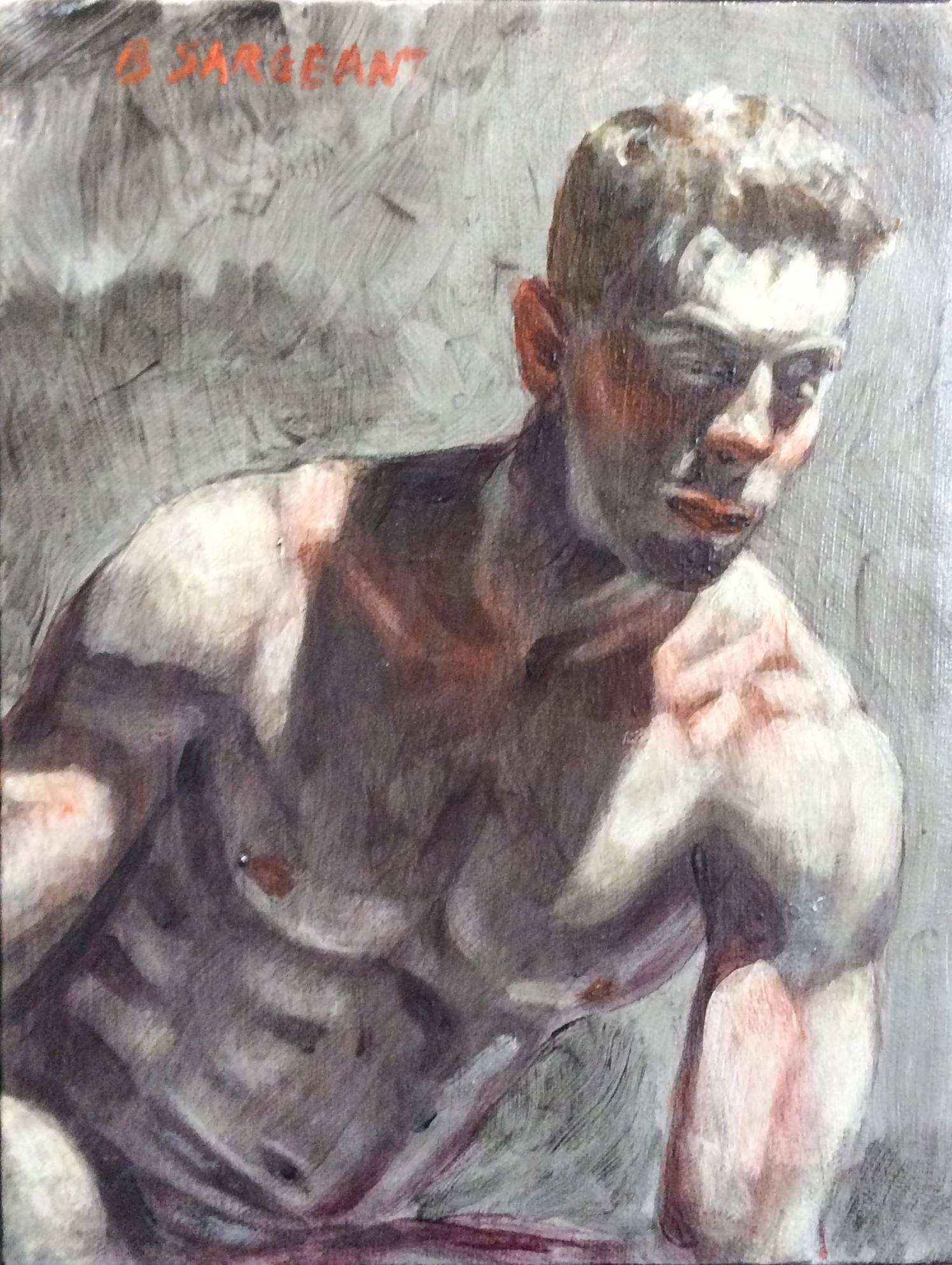 Toned Torso (Small, Academic Style Figurative Oil Painting of Seated Male Nude) - Gray Figurative Painting by Mark Beard