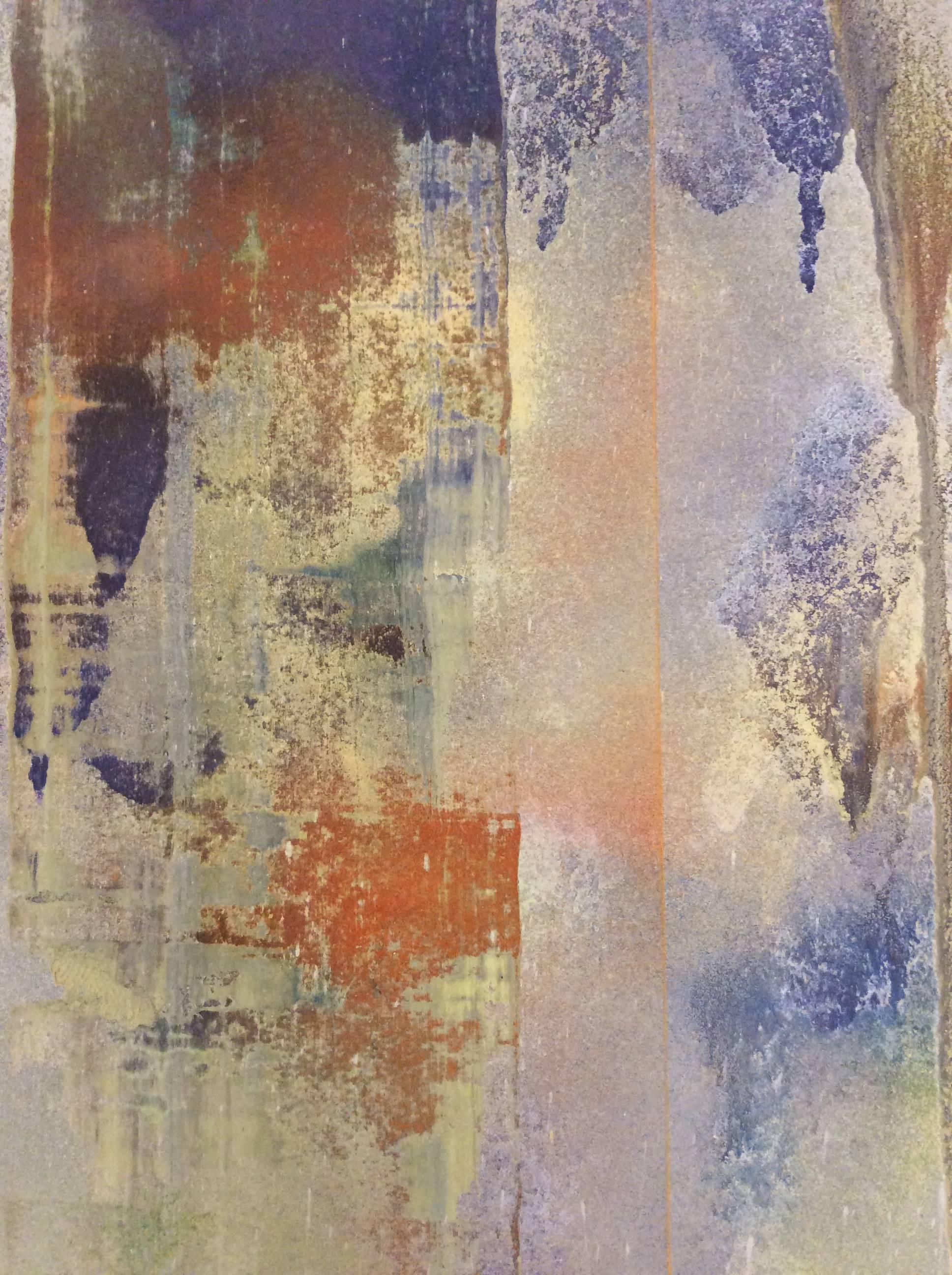 Blue Veils (Pair of Abstract Paintings on Paper, Blue & Orange Metallic Powder) For Sale 2