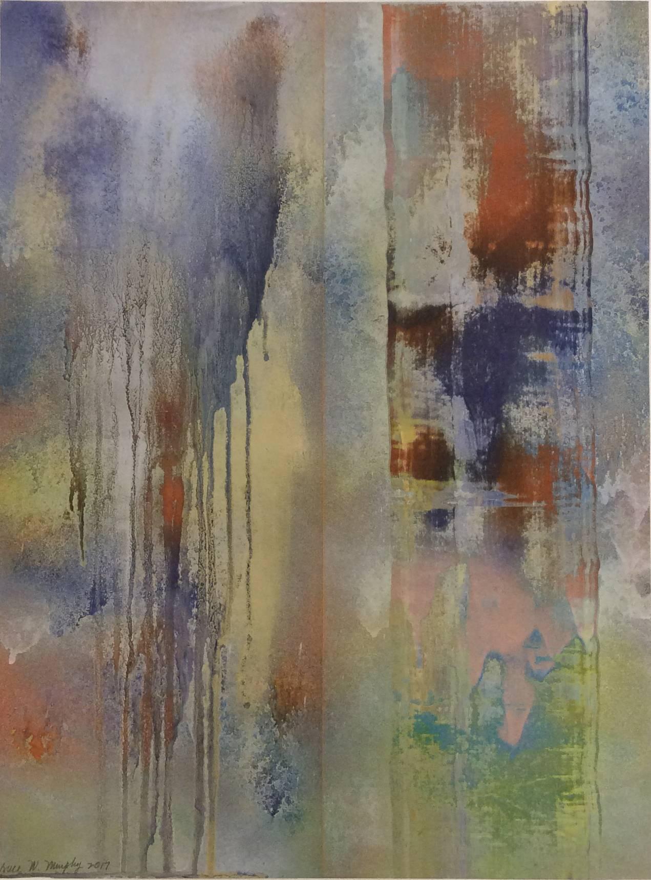 Blue Veils (Pair of Abstract Paintings on Paper, Blue & Orange Metallic Powder) by Bruce Murphy
enamel paint and metallic powders on Arches paper
each piece measures 24 x 18 inches
overall dimensions are 24 x 36 inches
Intended to be hung as a pair,