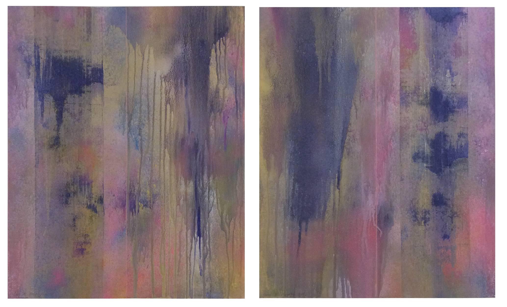 Rosa Schleifen (Paar abstrakter Gemälde auf Papier mit Metallpulverfarben)