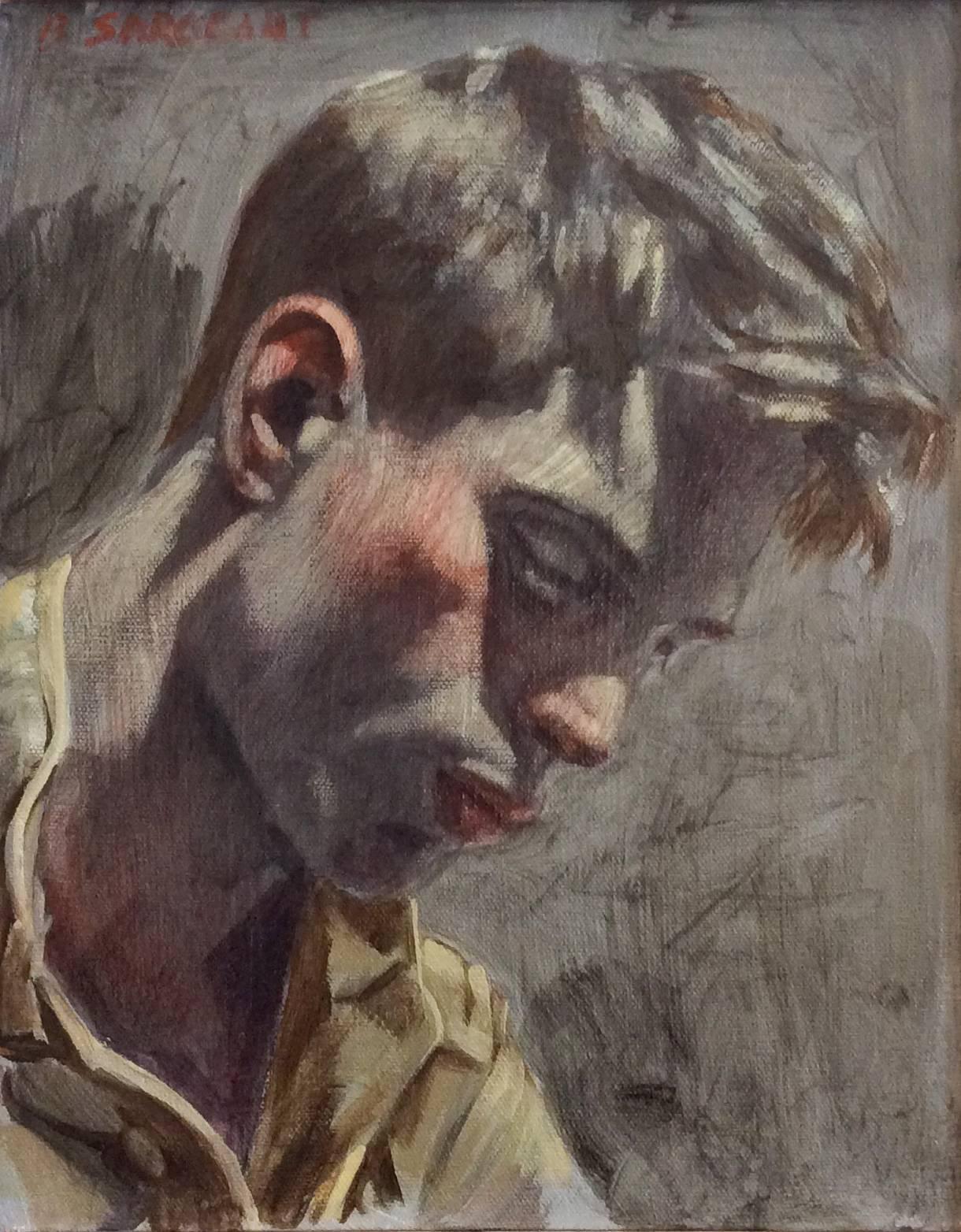oil on canvas
14 x 11 inches 
18 x 15 inches in silver leaf wood frame

This vertical, contemporary portrait painting of single young male was made by Mark Beard under his fictitious artistic persona, Bruce Sargeant. Painted in a modern Academic