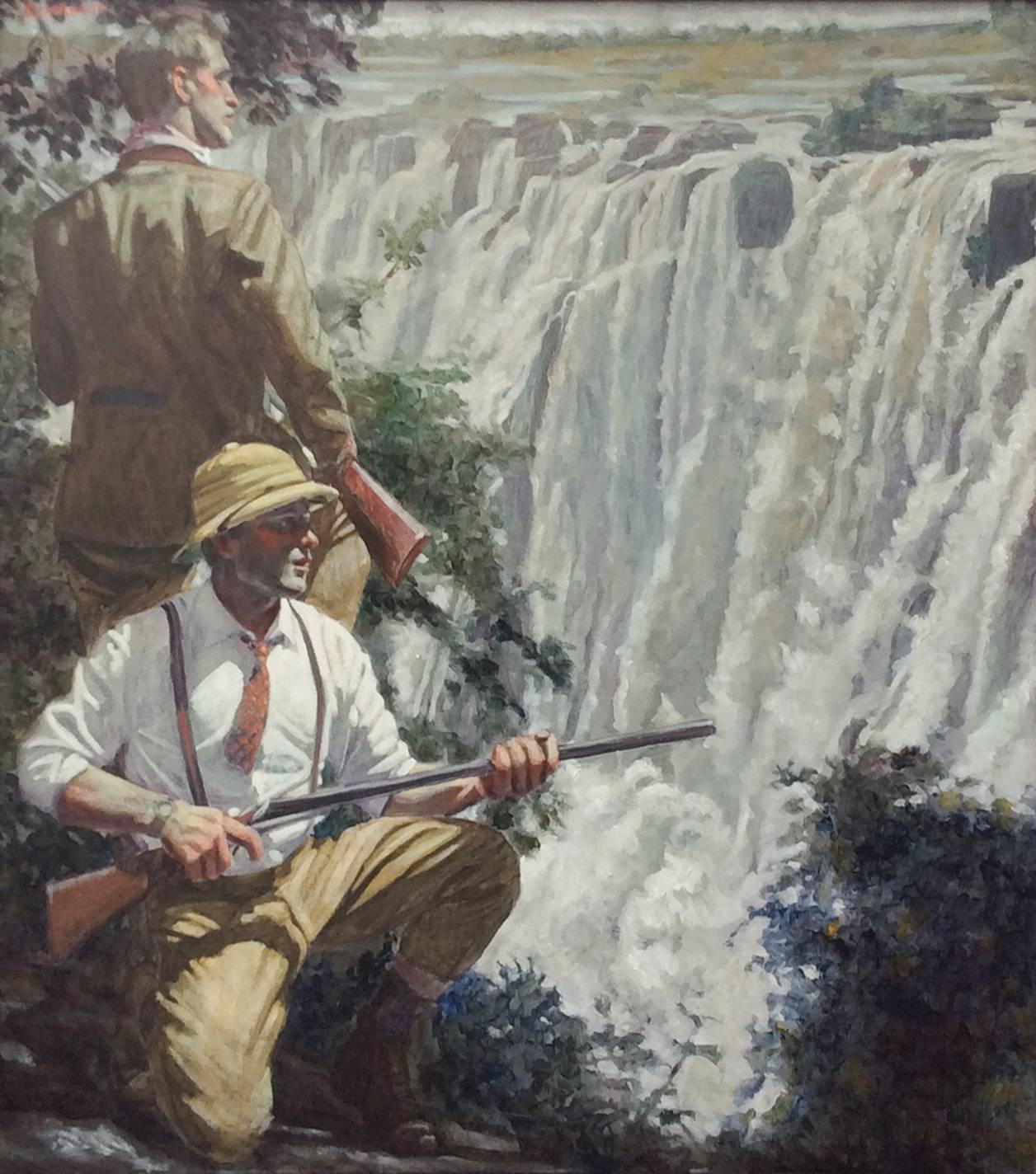 Waterfall (Figurative Oil Painting of Two Men Hunting and a Waterfall) - Black Figurative Painting by Mark Beard