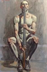 Armed with Rifle (Vertical Figurative Oil Painting of Nude Man with Rifle)