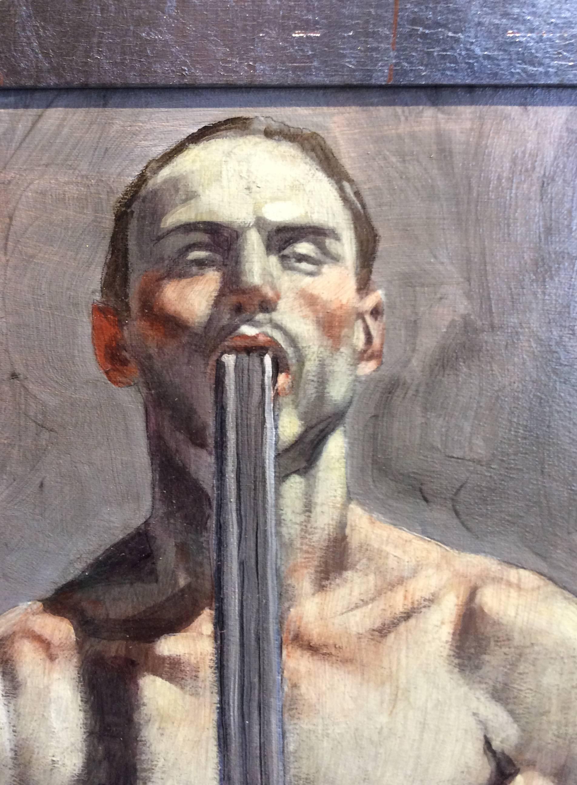 Armed with Rifle (Vertical Figurative Oil Painting of Nude Man with Rifle) - Gray Nude Painting by Mark Beard