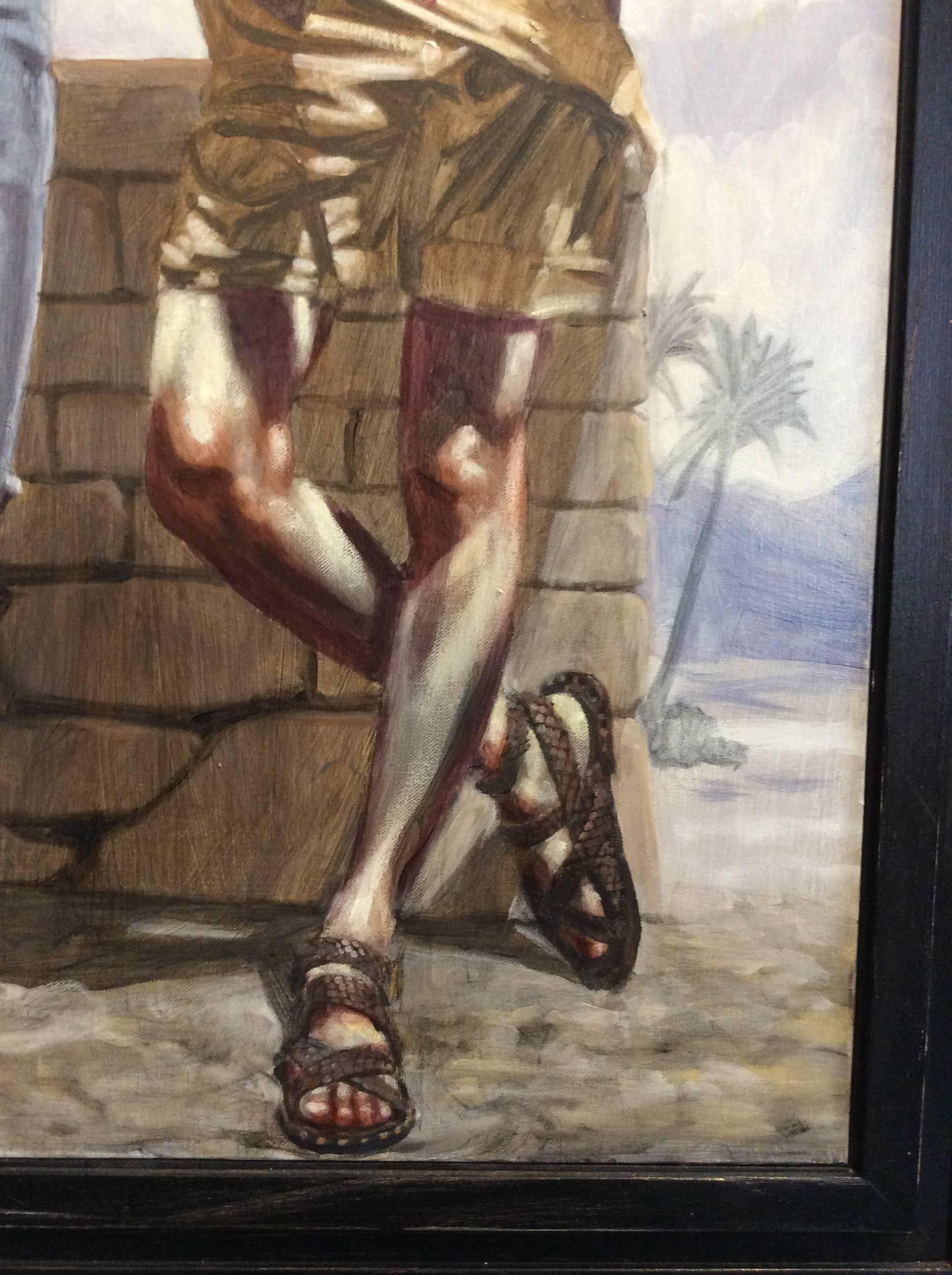 oil on canvas
37 x 25 inches unframed
44 x 32 x 3 inches in black painted distressed wood frame
This listing is available from Carrie Haddad Gallery, based in Hudson, NY.

This vertical, contemporary figurative painting of two men wearing sandals