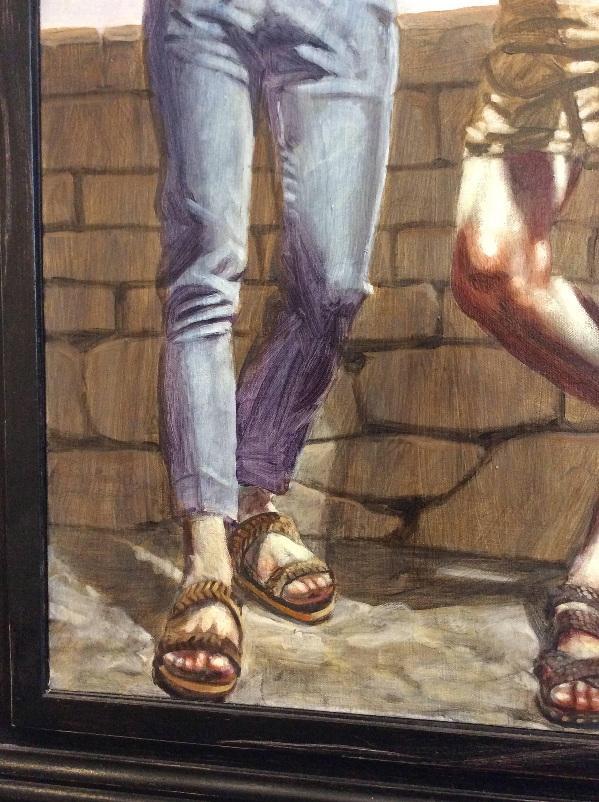 Two Young Men in Sandals (Framed Vertical Figurative Oil Painting on Canvas) 1