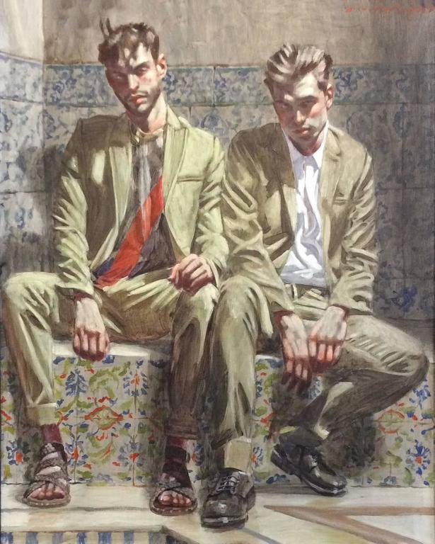 Mark Beard Two Men on Painted Tile (Figurative Oil Painting of Two