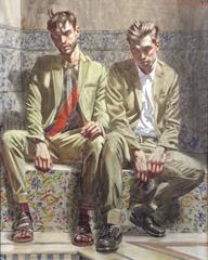 Two Men on Painted Tile (Figurative Oil Painting of Two Slouching Men in Suits)