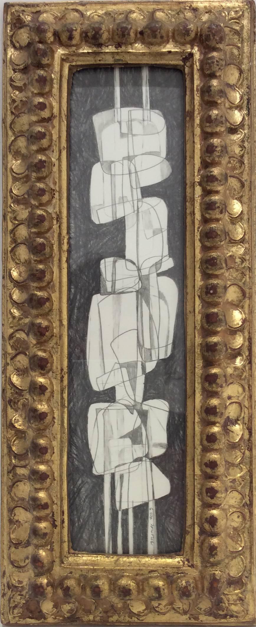 Totems (Diptych): Futurist Style Graphite Drawings in Vintage Gold Buckled Frame - Contemporary Art by David Dew Bruner