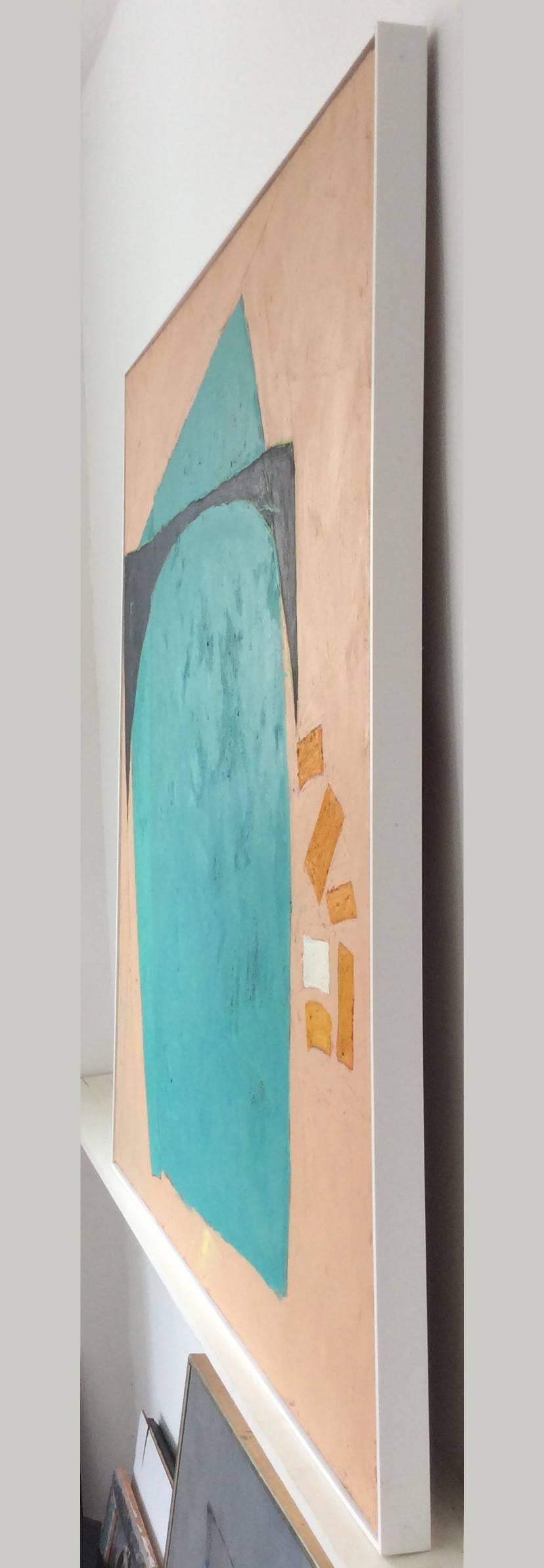 Untitled (Large Graphic Abstract Painting on Canvas in Teal and Peach) For Sale 1