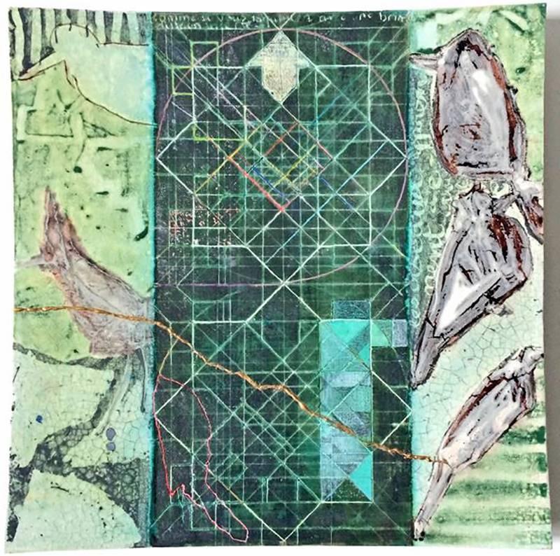 Birds and Geometry, No. 6 (Hanging Ceramic Tile with Abstract Bird Design) - Mixed Media Art by Anne Francey