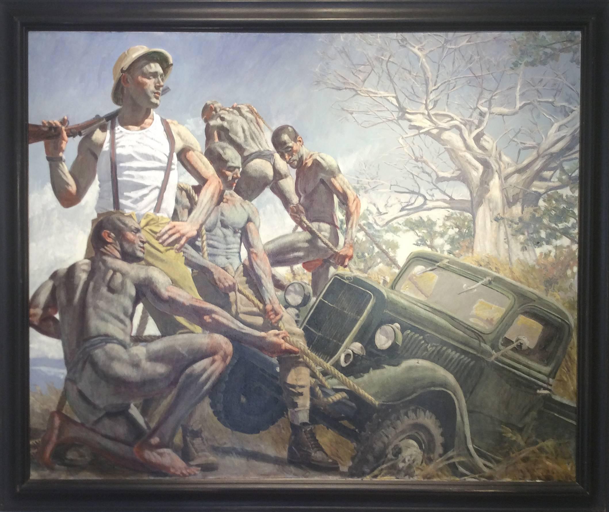 Mark Beard Figurative Painting - Unidentified Hunter Overseeing Removal of His Truck from the Mud (Oil Painting)
