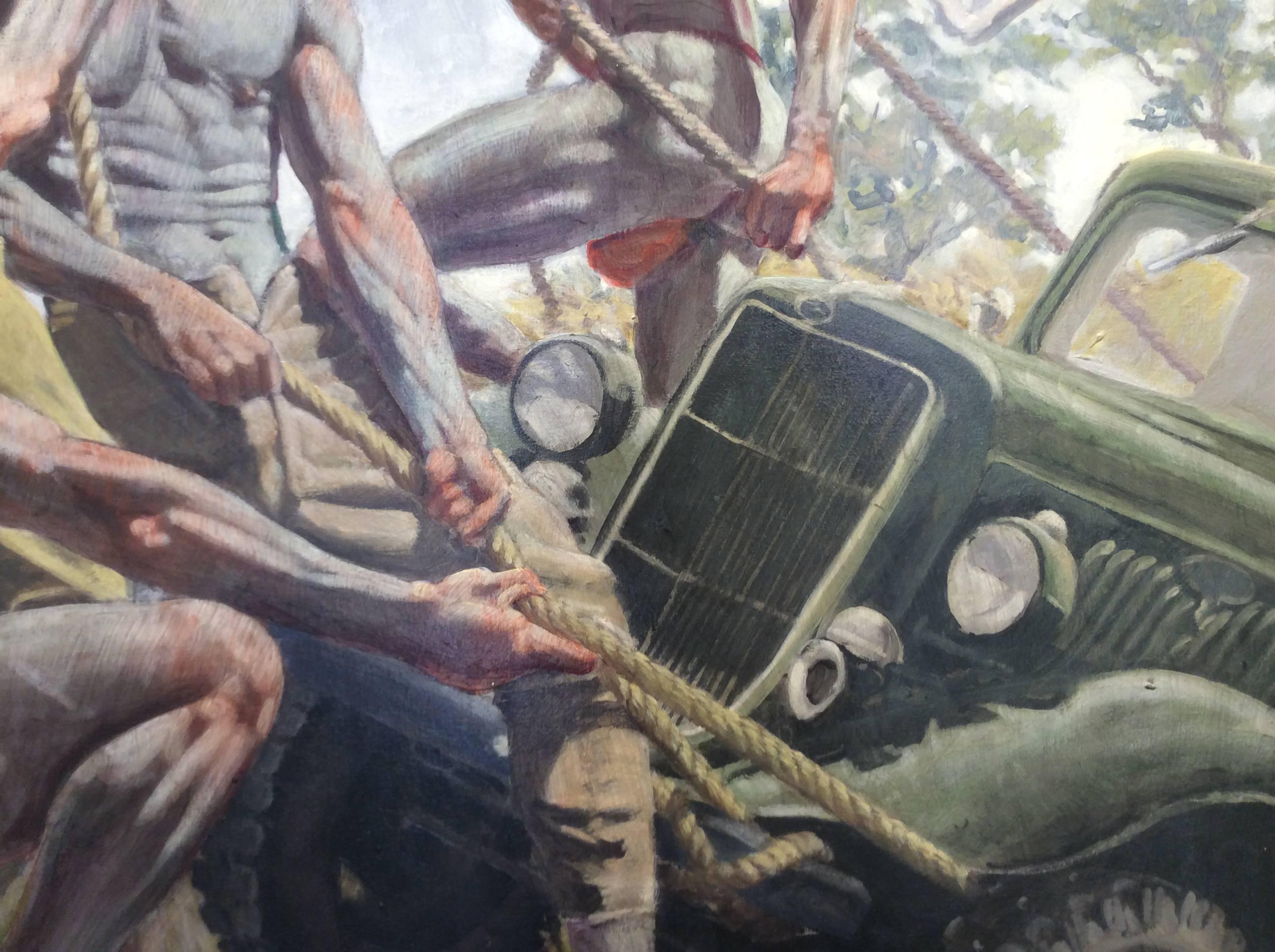 Unidentified Hunter Overseeing Removal of His Truck from the Mud (Oil Painting) - Gray Figurative Painting by Mark Beard
