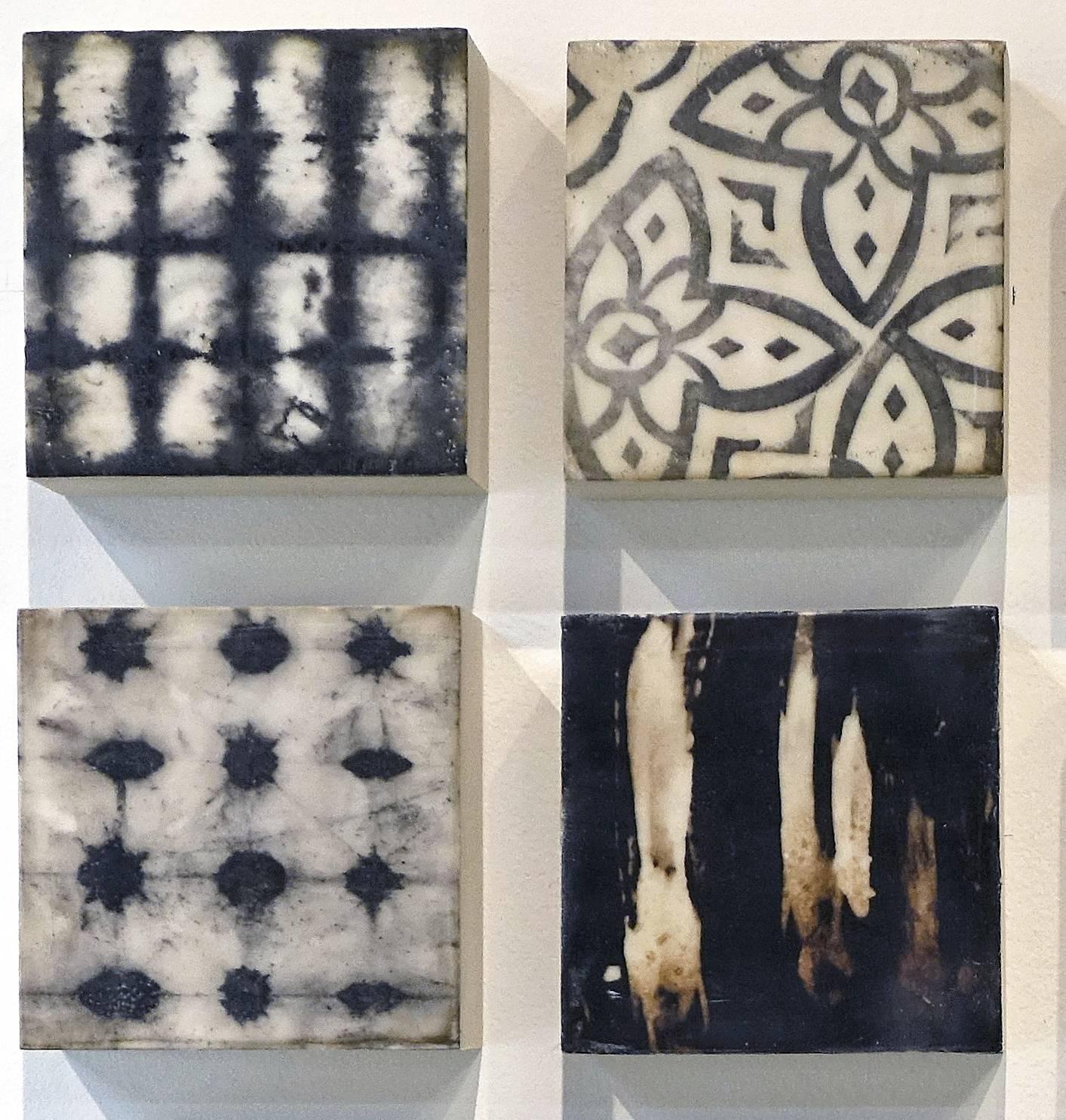 Pattern Play (Grid of Wood Panels with Hand-Dyed Paper & Fabric with Encaustic) - Contemporary Mixed Media Art by Susan Stover