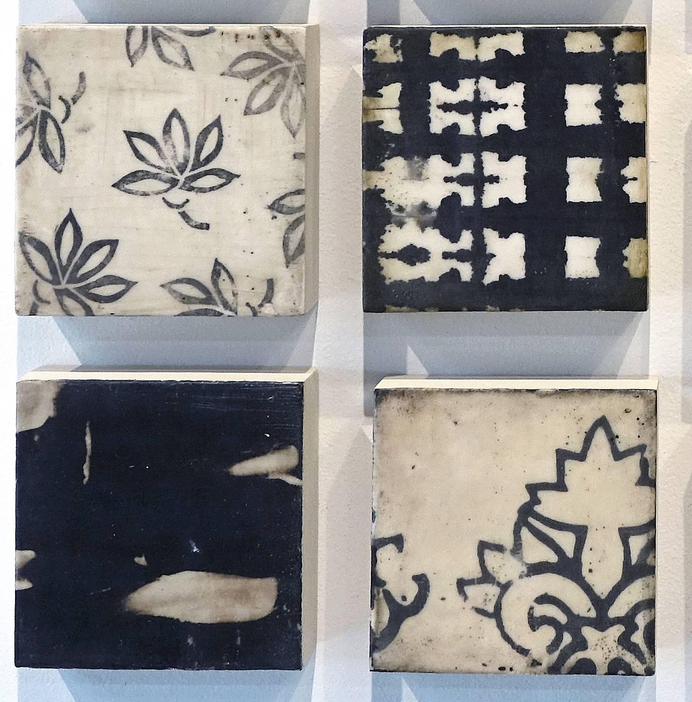 Pattern Play (Grid of Wood Panels with Hand-Dyed Paper & Fabric with Encaustic) 1