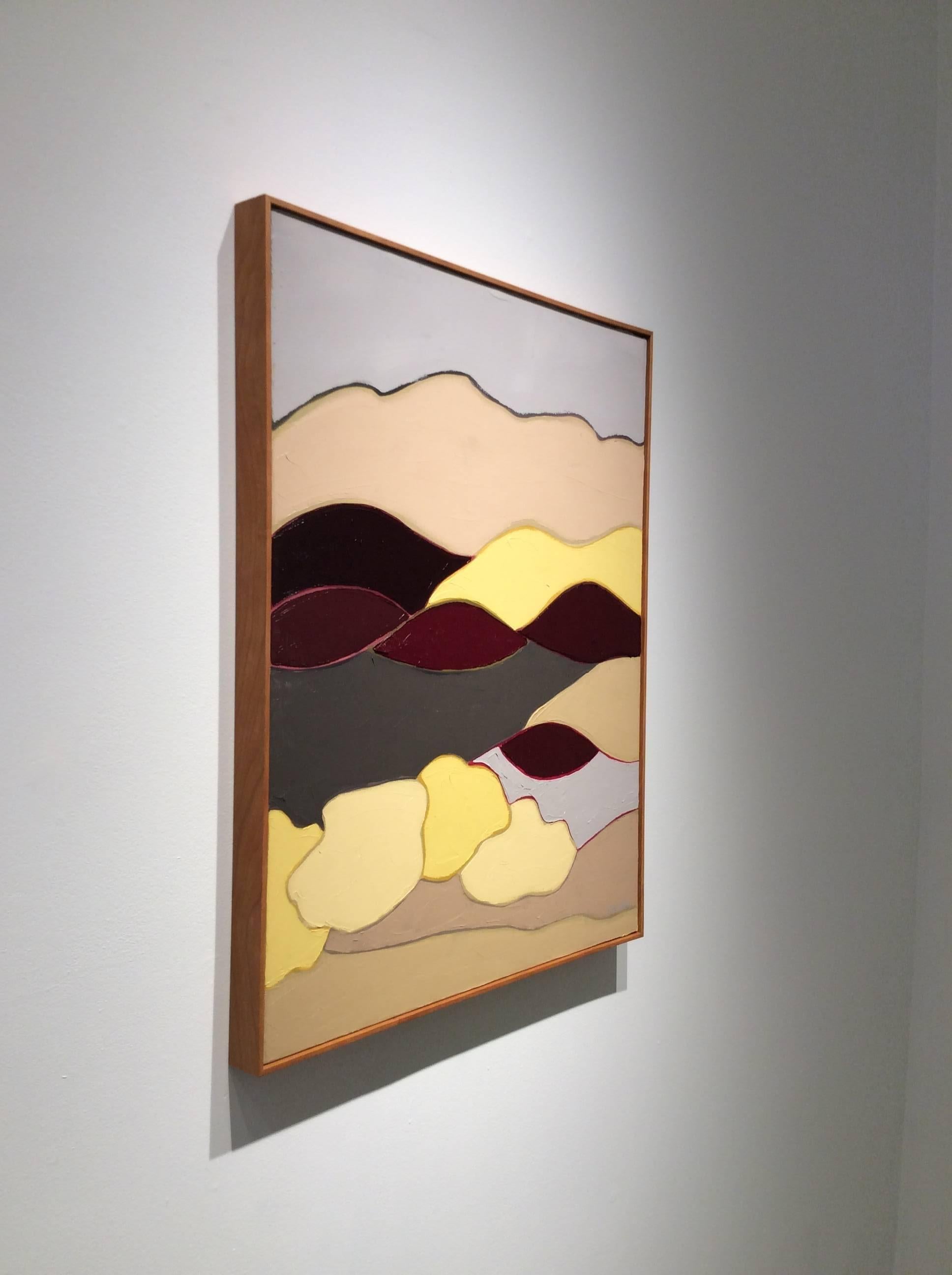 Sumac in Winter (Vertical Mid Century Modern Abstracted Landscape Oil Painting) - Beige Abstract Painting by Corinne Robbins